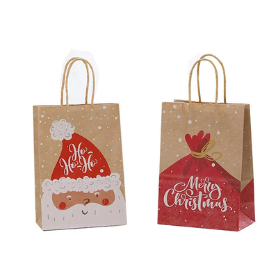 Reusable Christmas Kraft Paper Packaging Bags With Handles Offset Printing