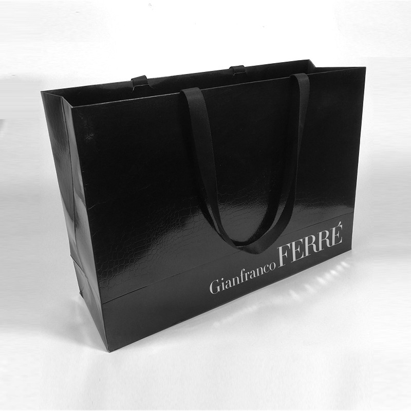 Hand Length Handle Custom Logo Printed Luxury Black Shoes Clothes Packaging Paper Bag