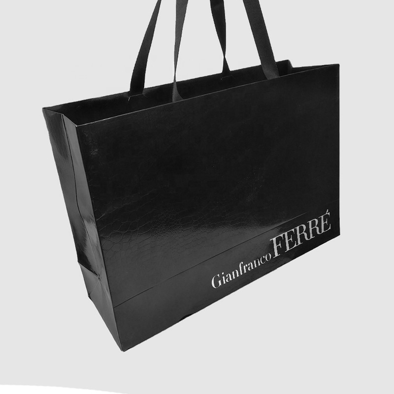 Hand Length Handle Custom Logo Printed Luxury Black Shoes Clothes Packaging Paper Bag