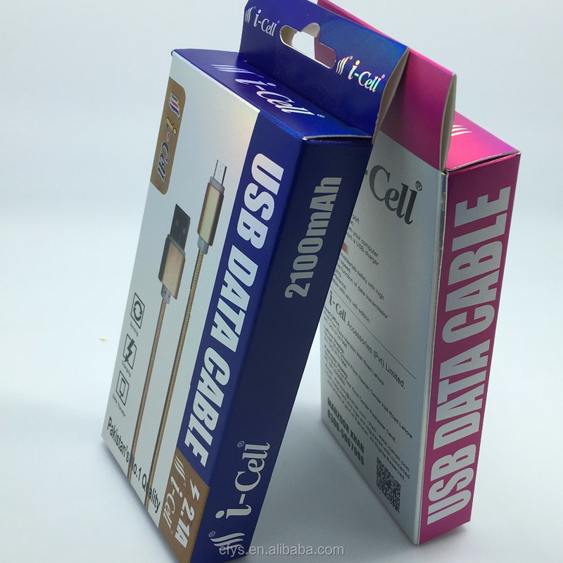 Custom Design Gold Foil Paper USB Charger Cable Box Packaging with Printing Handling