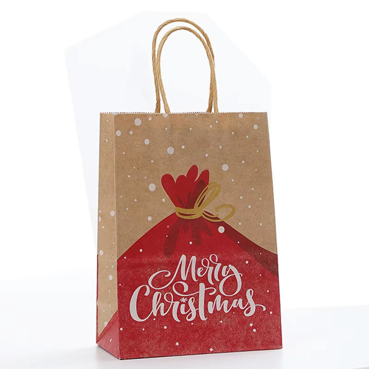 Reusable Christmas Kraft Paper Packaging Bags With Handles Offset Printing