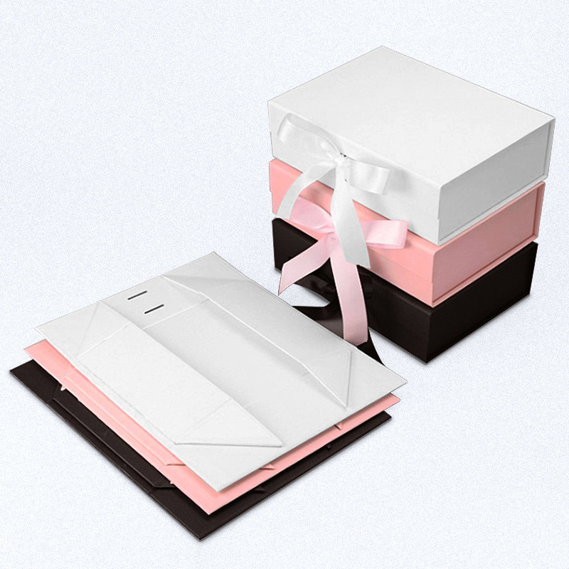 Gold Foil Folding Paper Box Cardboard Magnetic Gift Box With Ribbon
