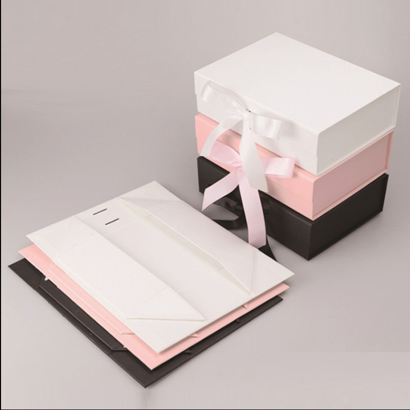 Gold Foil Folding Paper Box Cardboard Magnetic Gift Box With Ribbon